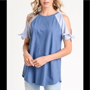 NEW Denim w/Stripe Cold Shoulder Top